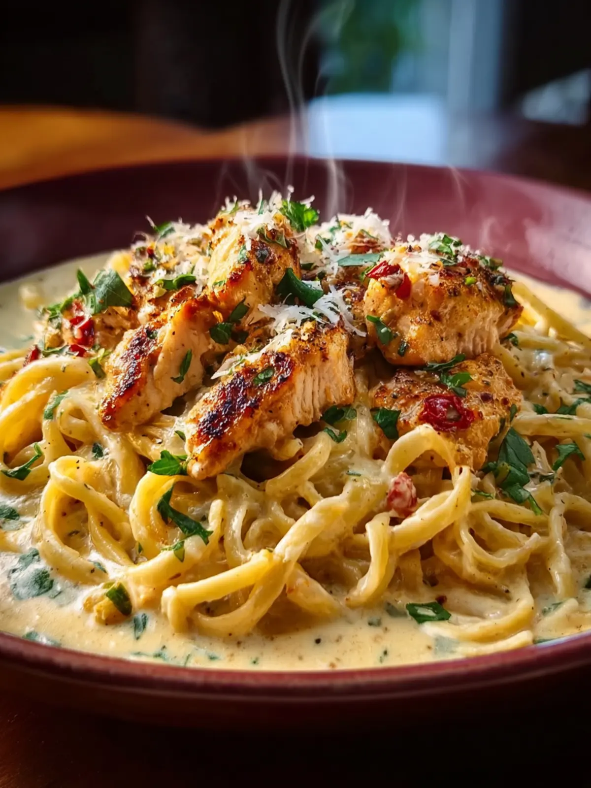 spicy cajun three cheese chicken spaghetti in garlic parmesan cream First Image