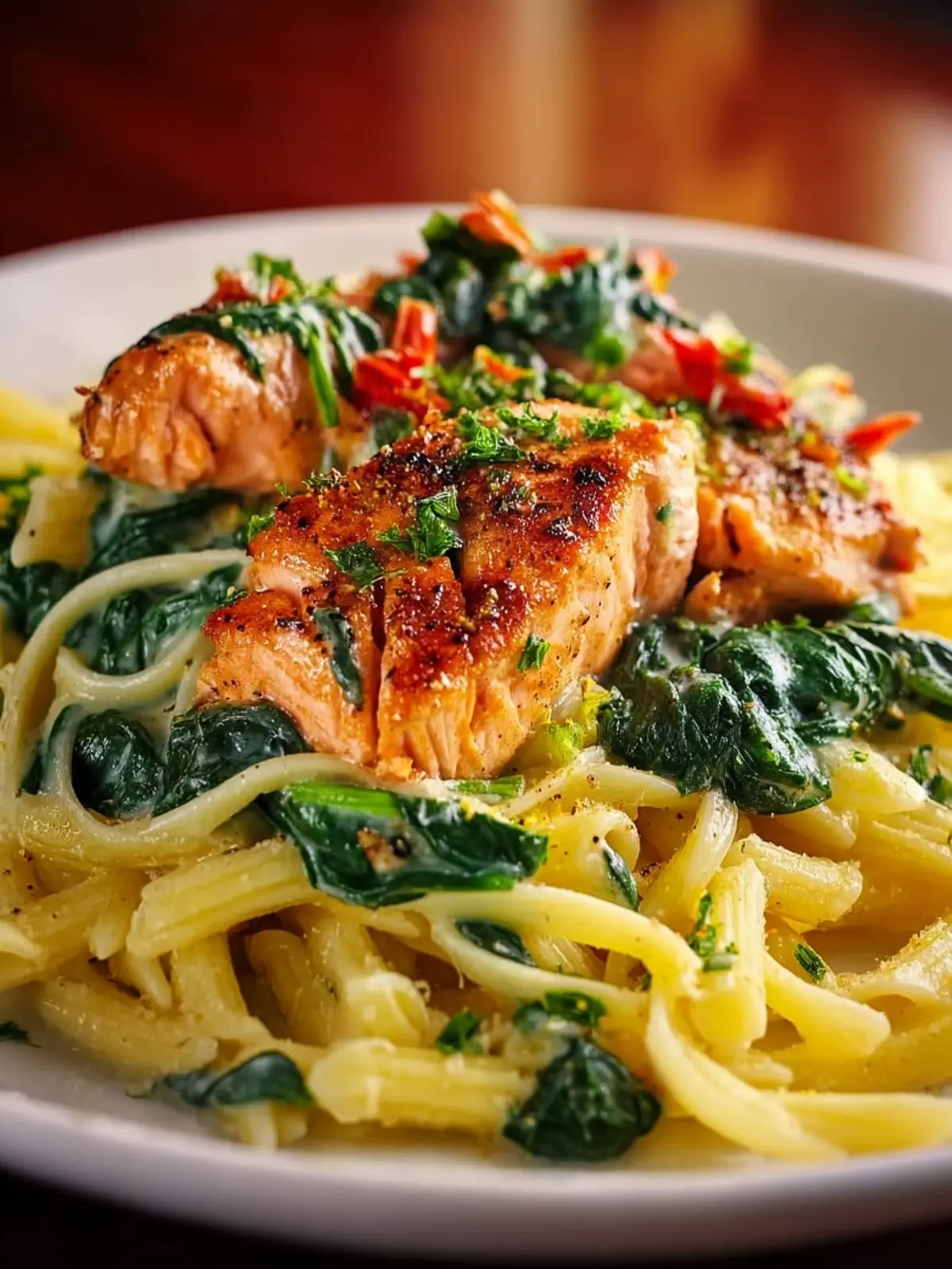 Salmon Spinach Pasta Dish First Image